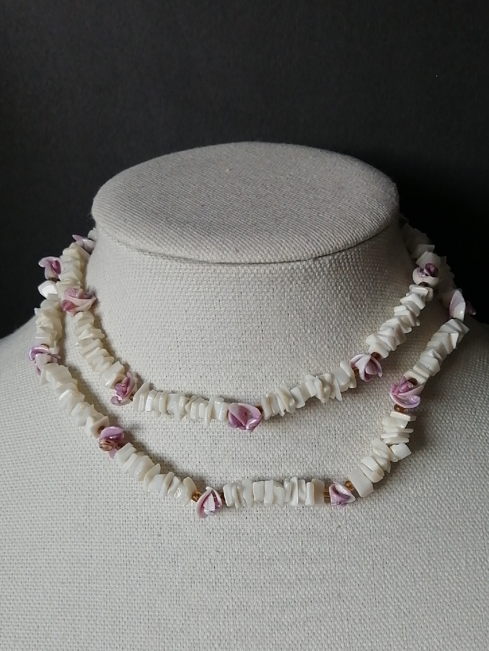 Vintage Handmade White Puka Shell Chips with Pink Lilac Shell Accents Necklace